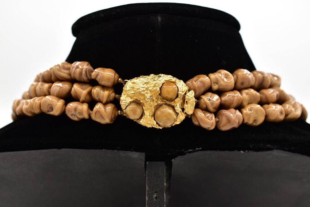 Vogue Vintage Layered Collar Necklace Cabochon Heavy Gold Chunky Signed BinBC
